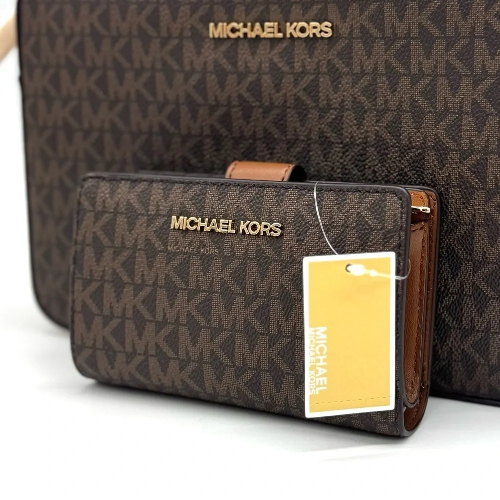 Michael Kors LG EW Crossbody Bag & Zip Chain Bifold Wallet Matching Set Brown